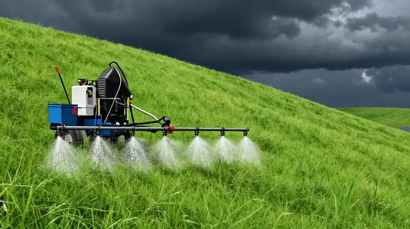 A machine sprays dynamic green slurry onto a vibrant, lush hillside