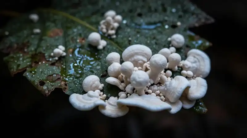 A white fuzzy fungus covers a weathered, decaying leaf in humid shade