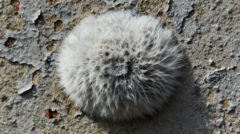 Fuzzy white mold grows on damp, peeling paint over rough concrete