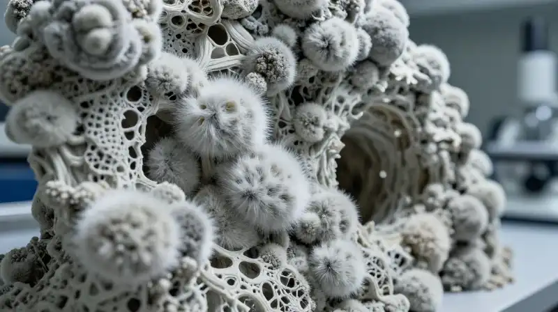 White fuzzy mold clings to crumbling structure under dramatic light