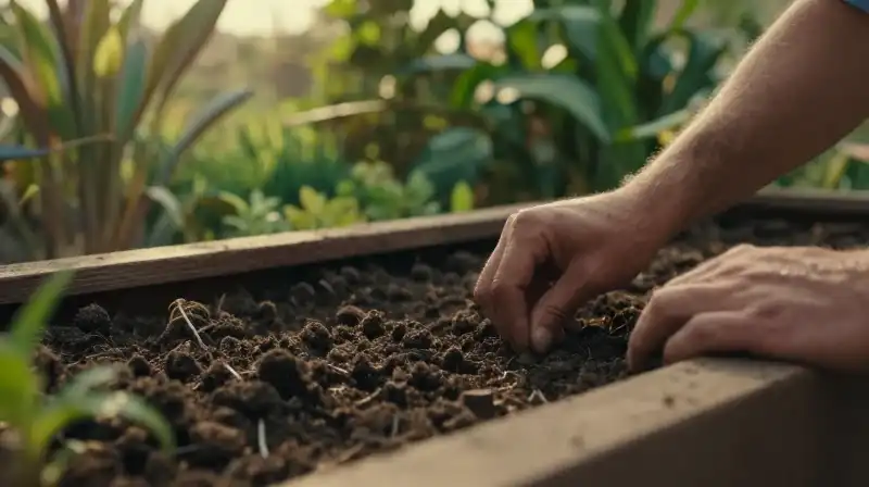 Hands build a garden bed amidst lush, warm golden surroundings
