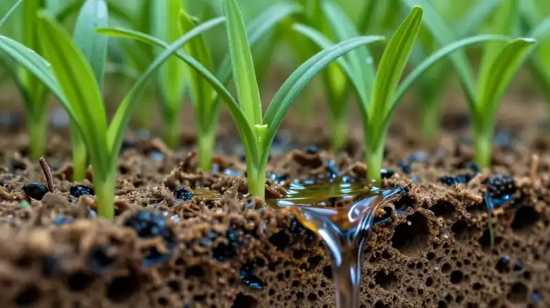 Vivid green sprouts grow through glistening, wet porous substrate