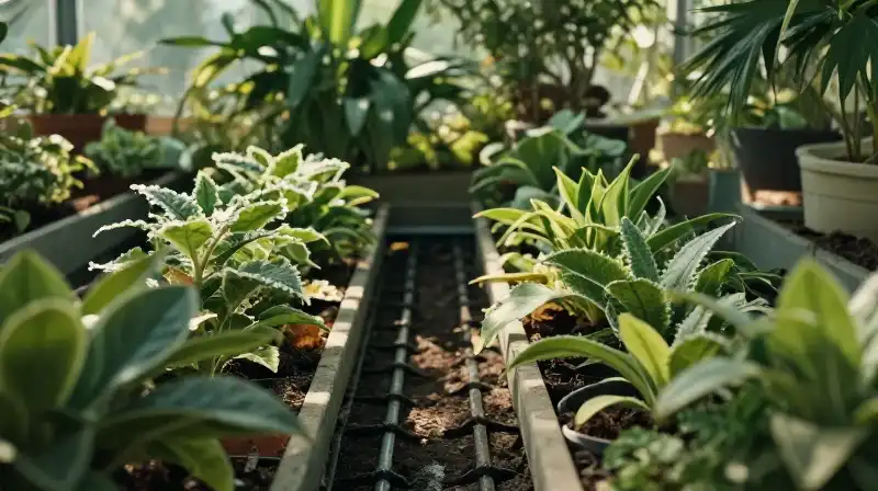 Sunlit greenhouse showcases lush growth and integrated irrigation lines