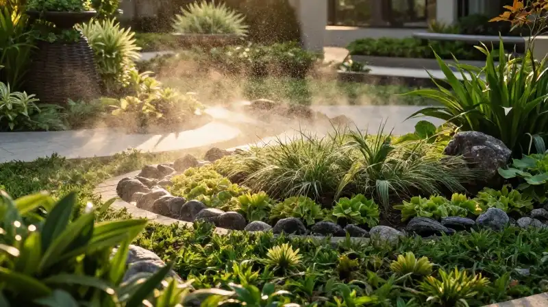 Lush, structured greenery glows in the golden, misty light