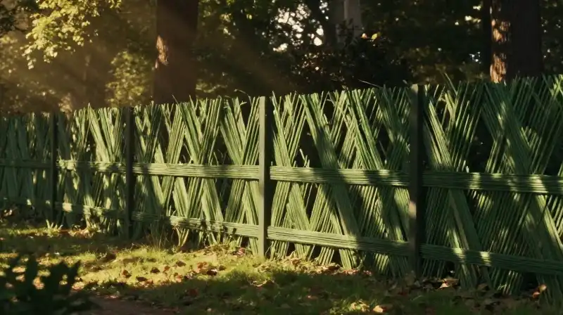 A structured willow fence glows golden within a dappled forest clearing