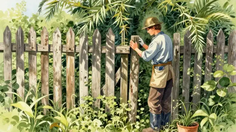 A gardener inspect a weathered willow fence in dappled morning light