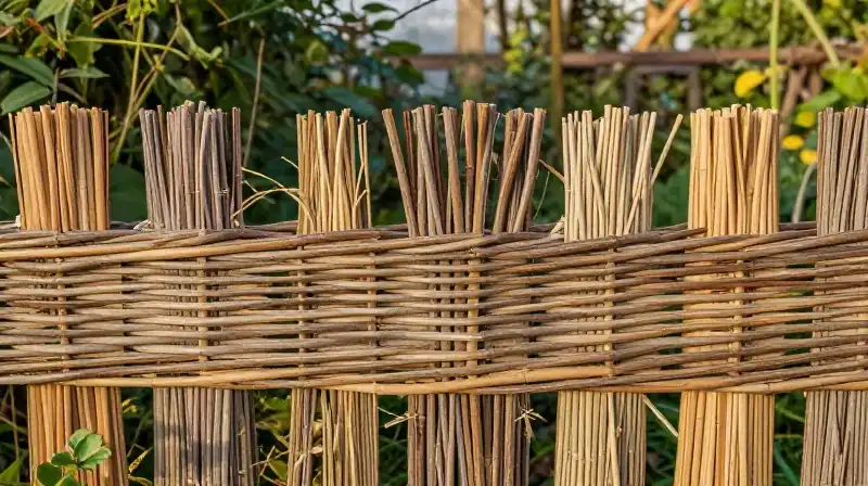 A rustic woven willow fence stands in a lush, golden garden