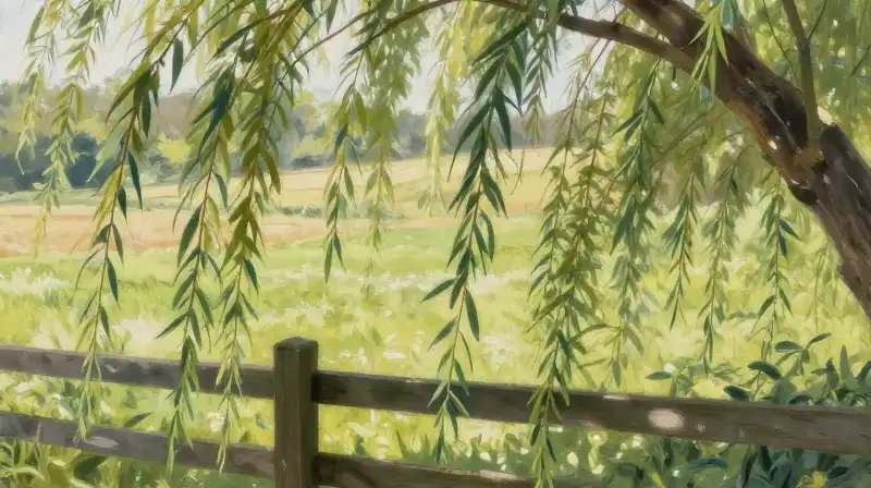 Dappled light touches curved willow branches in a soft, gentle meadow