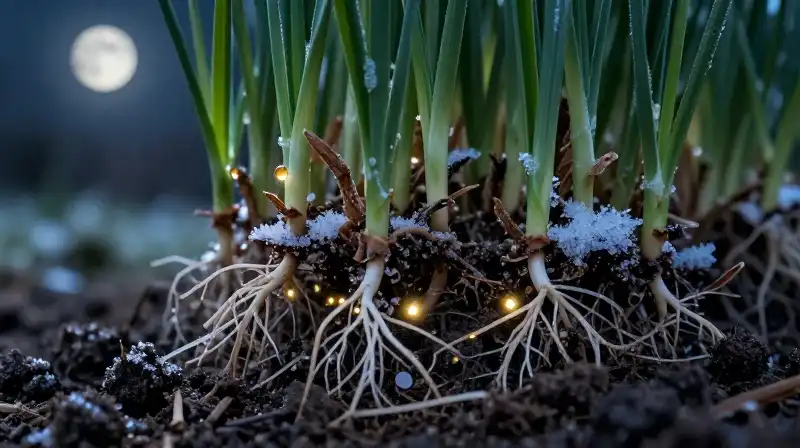 Glowing winter roots and nutrient particles shimmer in frozen soil