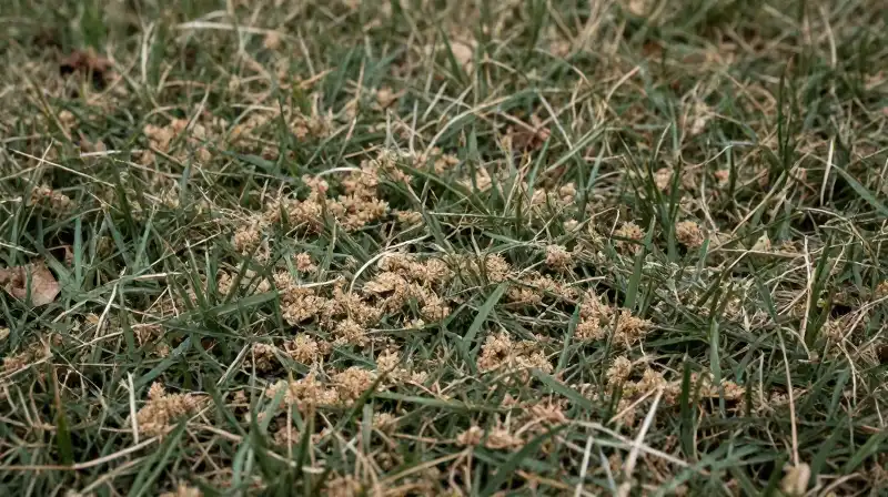 Dormant brown grass dusted with white granules under cold light