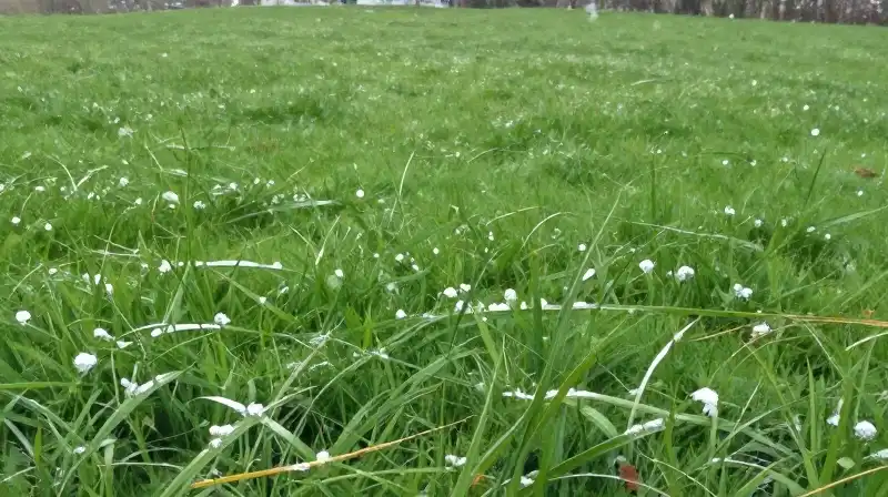 Soft snow gently falls over a lush, cool green lawn