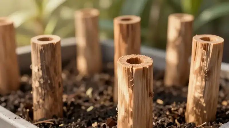 Detailed wooden stakes rest in dappled morning sunlight