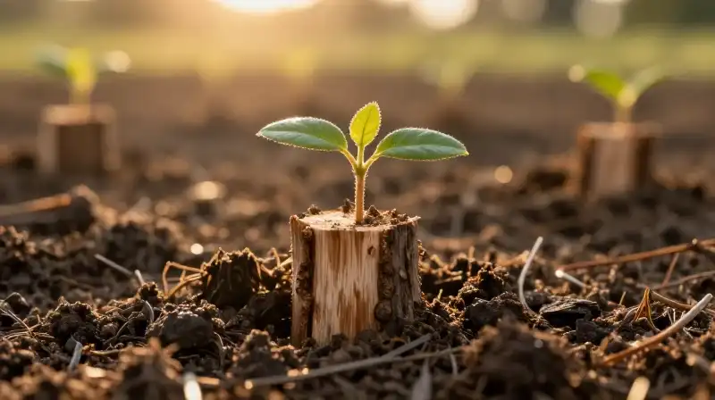 Golden sunlight illuminates vibrant saplings emerging from moist soil