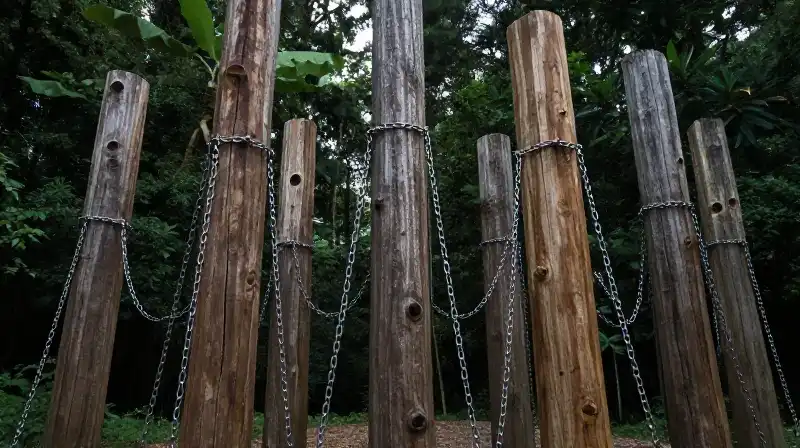 Heavy chains connect massive wooden stakes deep within a dense forest