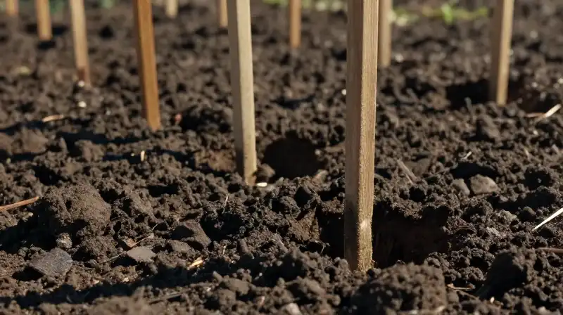 A close-up shows dark, wet earth with wooden stakes being driven by bright sunlight
