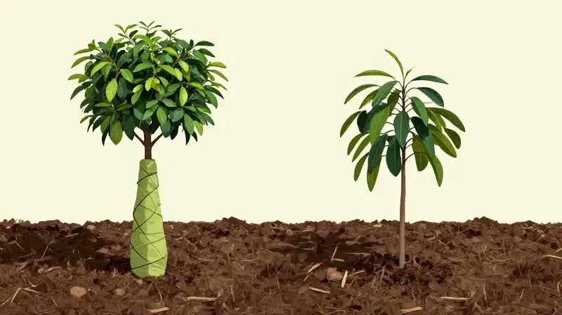 Wrapped avocado trees stand on mulched ground in pale, cold light