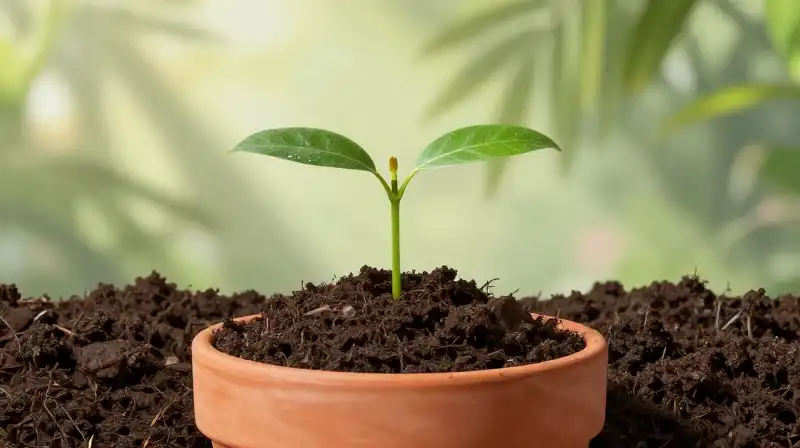 Sapling in a terracotta pot under bright dappled tropical sun