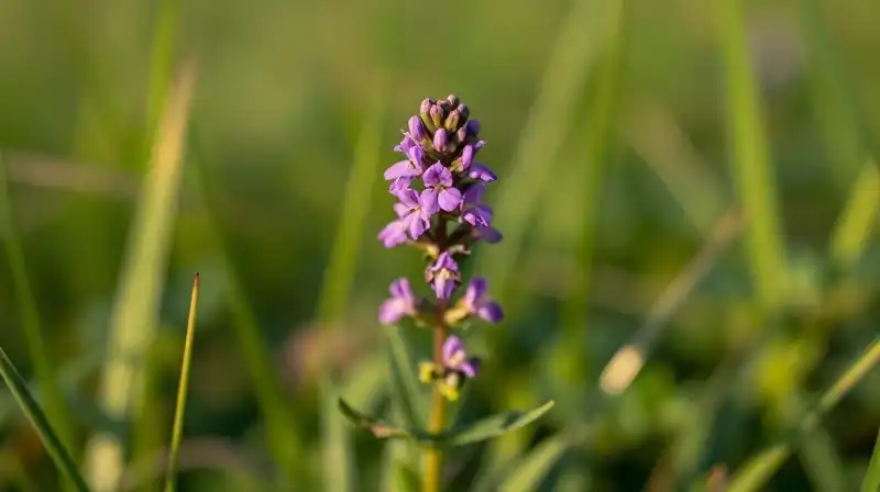 A delicate purple tickseed bloom graces lush green foliage bathed in golden sunlight